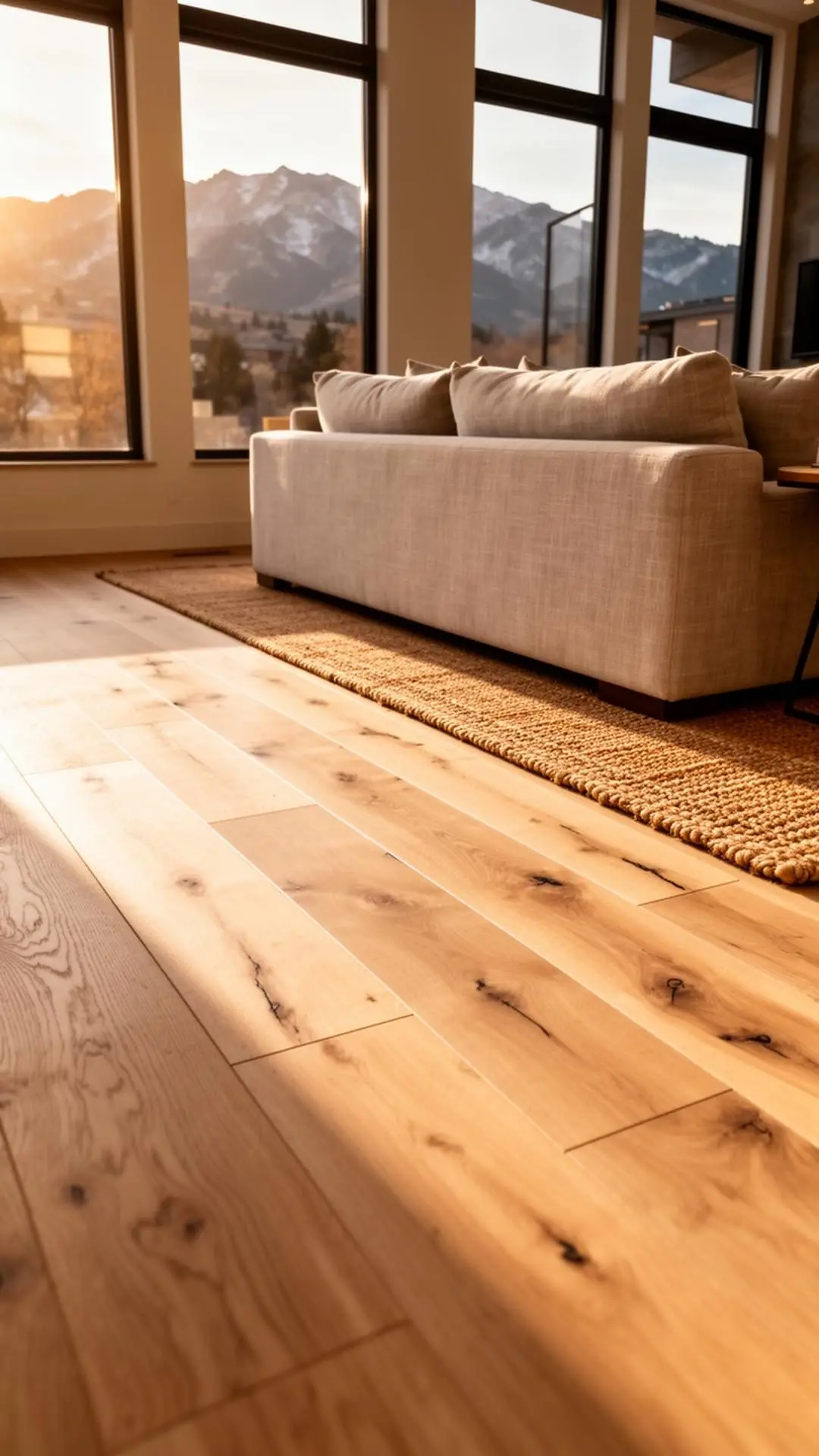 Beautifully installed wide-plank white oak floor in a Denver home with mountain views